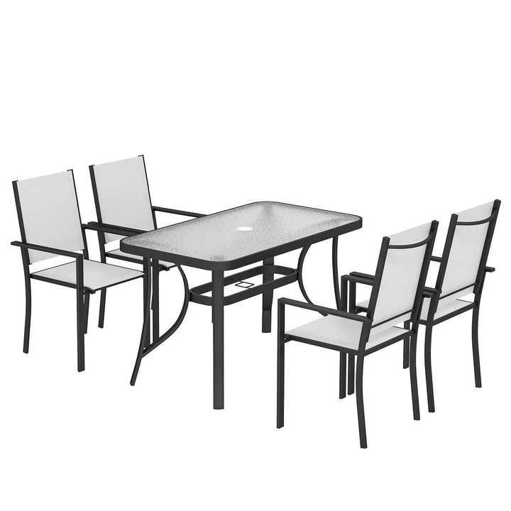 Garden Dining Set for 4 with Umbrella Hole, Stackable Chairs and Recta