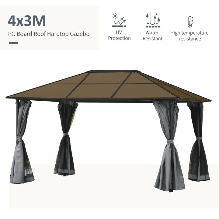 3 x 4m Hardtop Gazebo Canopy with Polycarbonate Roof, Aluminium Frame, Permanent Pavilion Garden Gazebo with Netting and Curtains - Grey