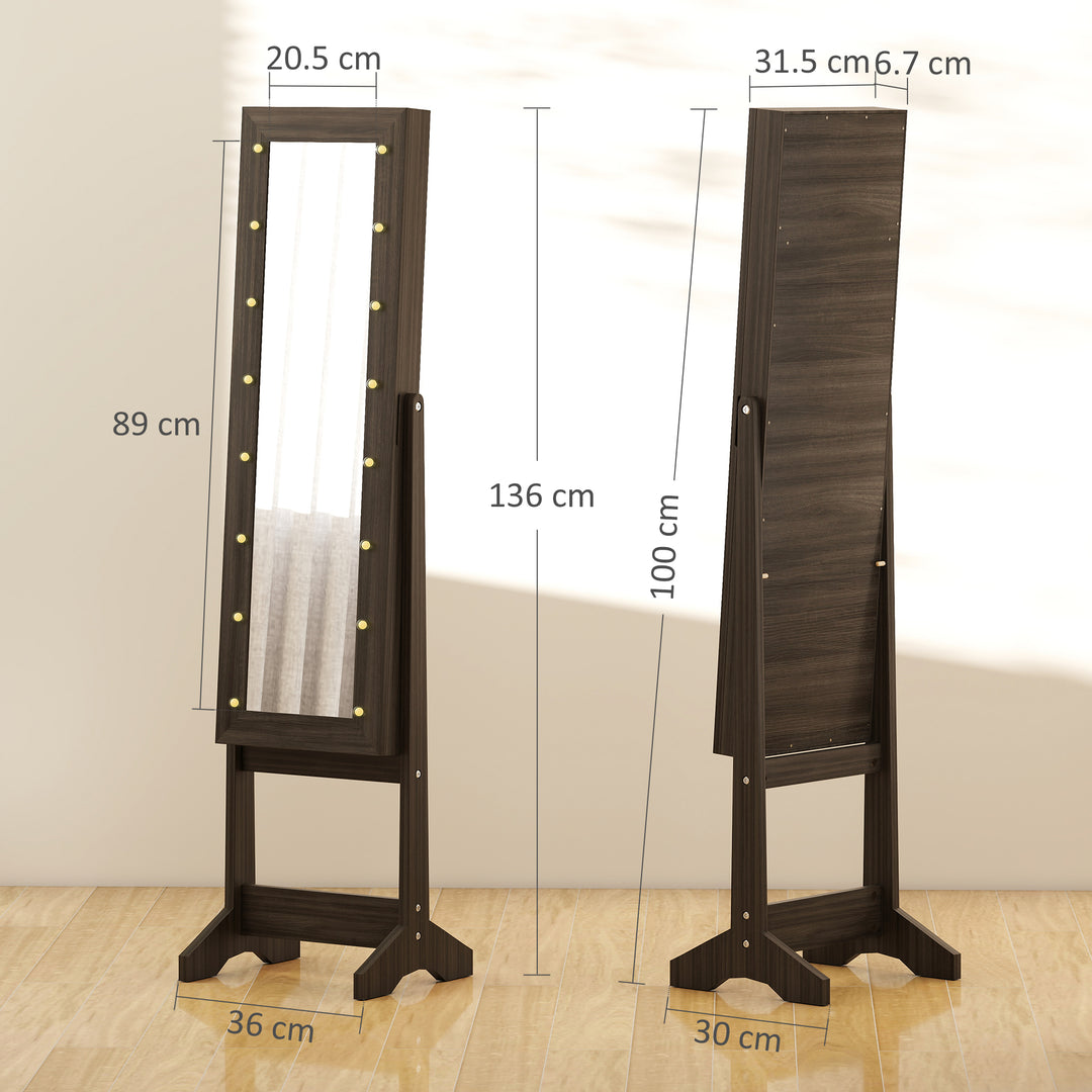 Freestanding Mirror Jewelry Cabinet with LED Lights, Jewellery Organiser with 3 Angle Adjustable, Full-Length Mirror with Storage for Earrings, Necklaces, Rings and Lipsticks, Dark Brown