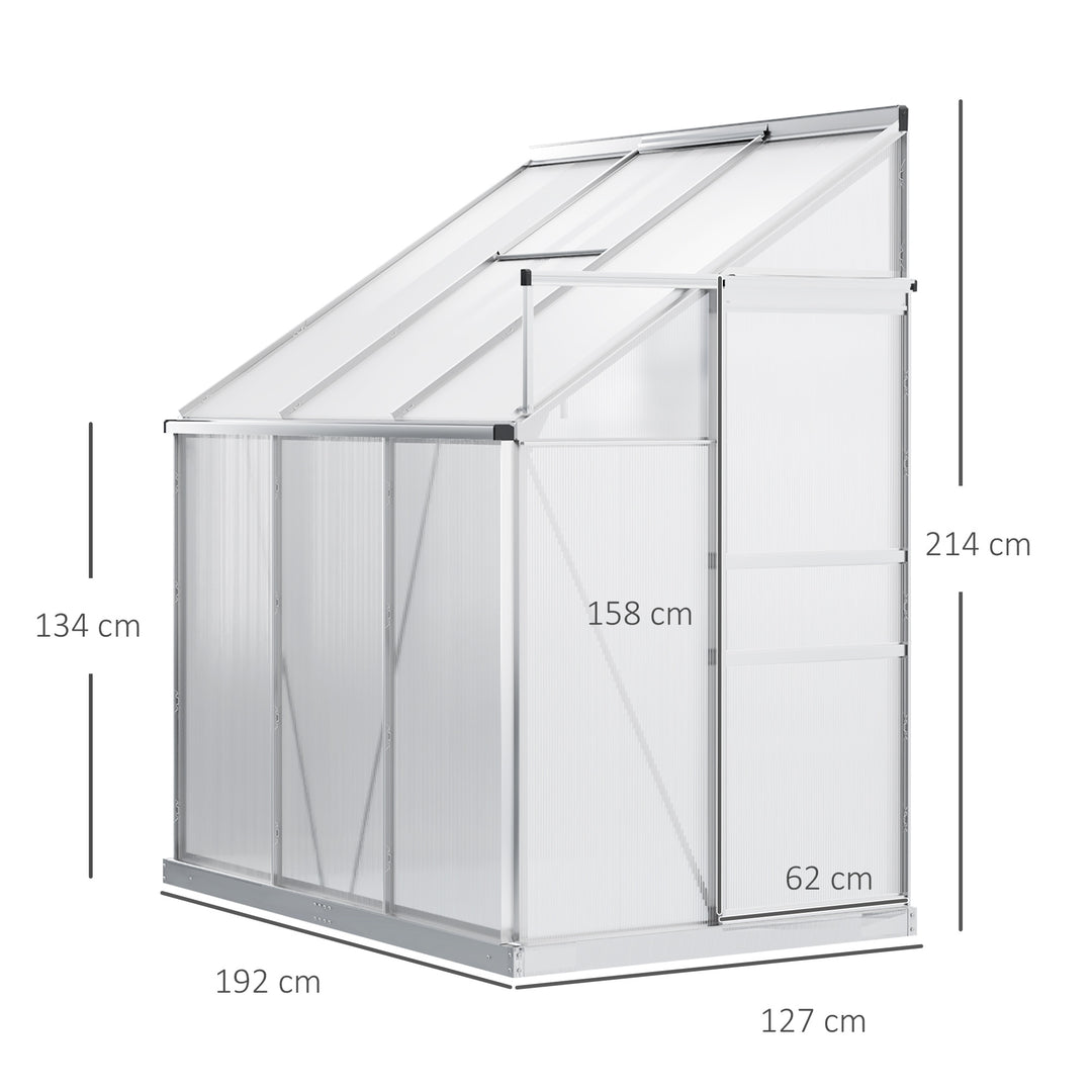 MCL 6 x 4ft Lean to Wall Polycarbonate Greenhouse Aluminium Walk-in Garden Greenhouse with Adjustable Roof Vent, Rain Gutter and Sliding Door, Clear