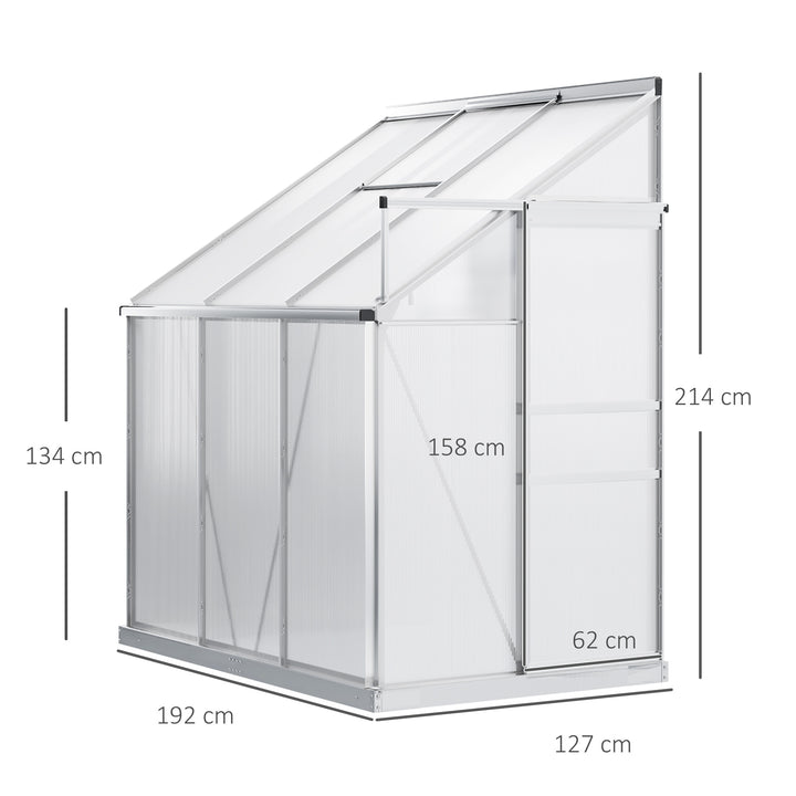 MCL 6 x 4ft Lean to Wall Polycarbonate Greenhouse Aluminium Walk-in Garden Greenhouse with Adjustable Roof Vent, Rain Gutter and Sliding Door, Clear