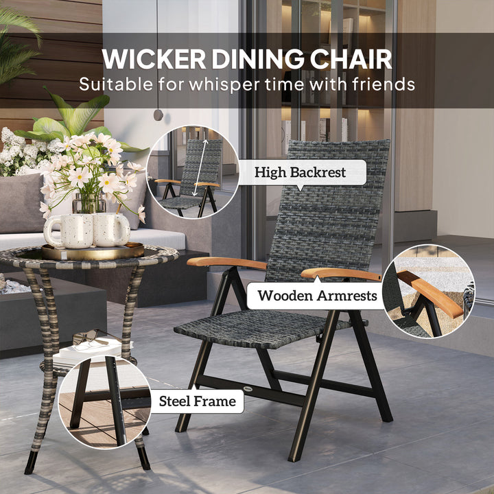 Folding Rattan Garden Dining Chair with 5-level Reclining High Back, Wood Armrests for Outdoor, Patio - Mixed-grey