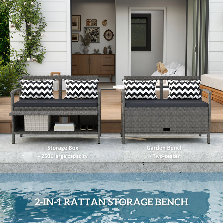 160L Storage Two-Seater Rattan Bench - Grey