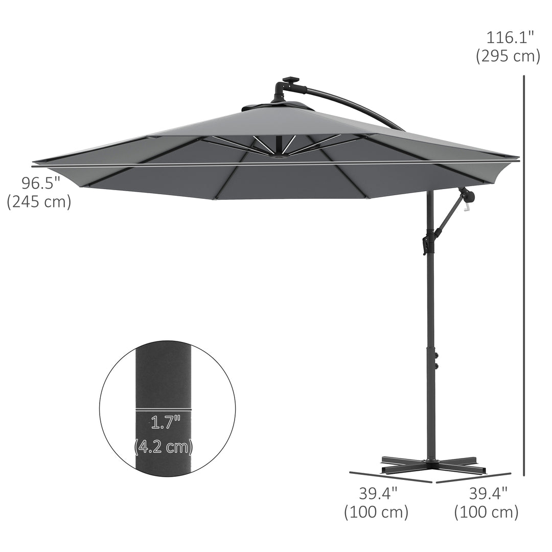 3(m) Cantilever Parasol with Solar LED Lights, Garden Umbrella with Cross Base and Crank Handle, Hanging Offset Banana Sun Shade for Outdoor, Patio, Grey