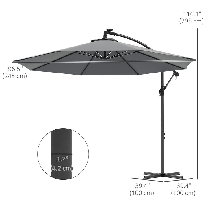 3(m) Cantilever Parasol with Solar LED Lights, Garden Umbrella with Cross Base and Crank Handle, Hanging Offset Banana Sun Shade for Outdoor, Patio, Grey