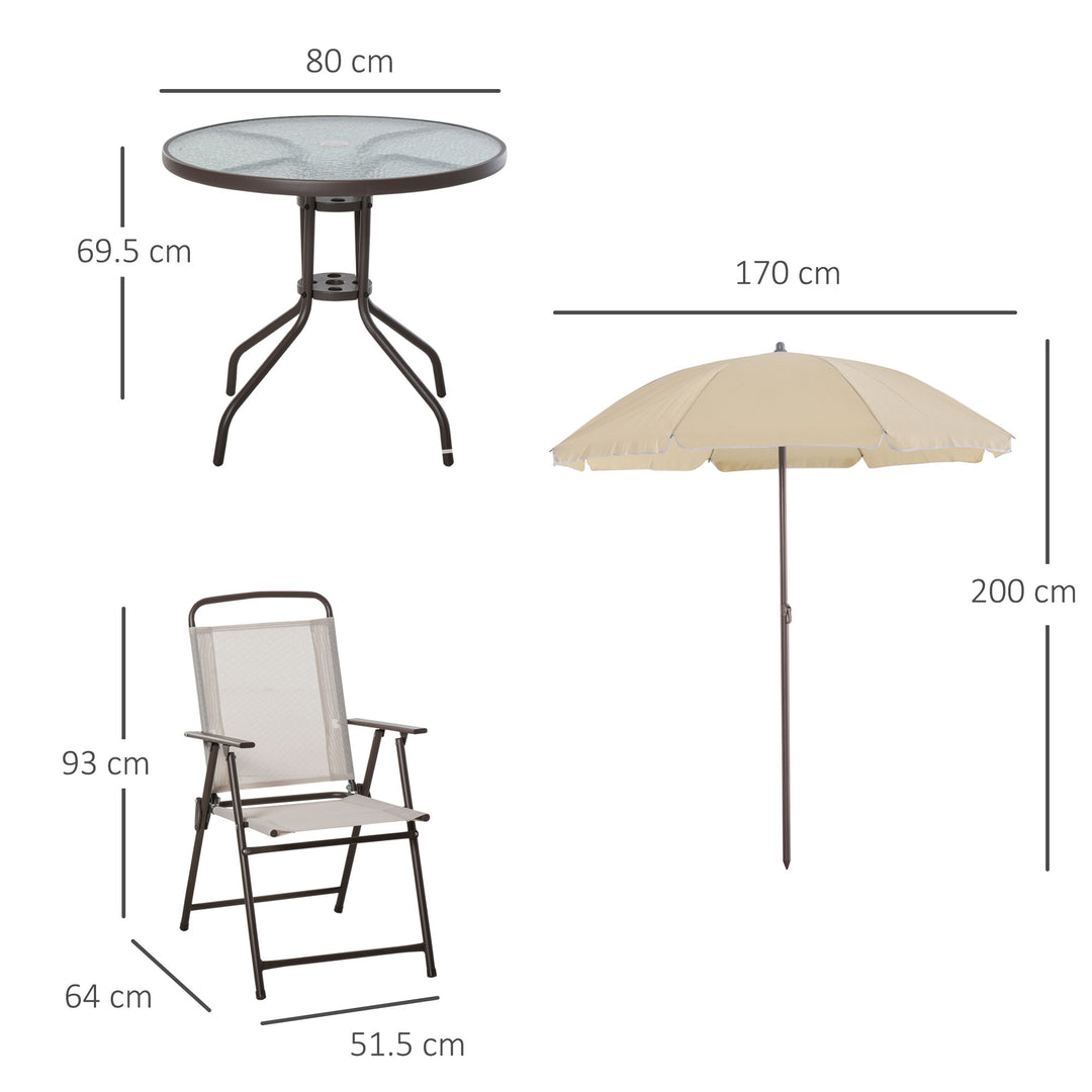 MCL Garden Patio Texteline Folding Chairs Plus Table and Parasol Furniture Bistro Set 6 Pieces - Coffee/Cream