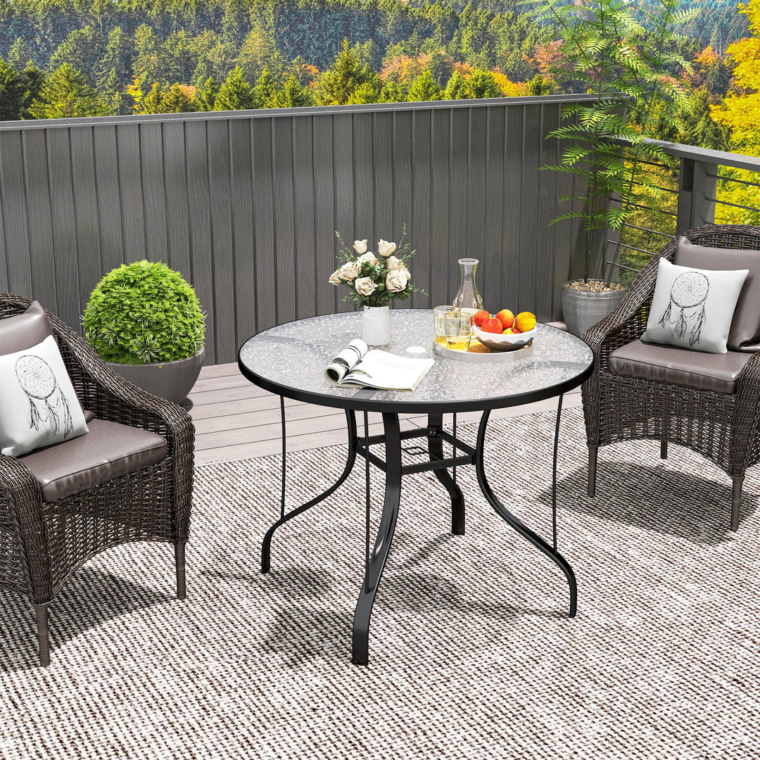 Tempered Glass Top Round Outdoor Dining Table with Parasol Hole, 96.5 x 96.5 x 71 cm