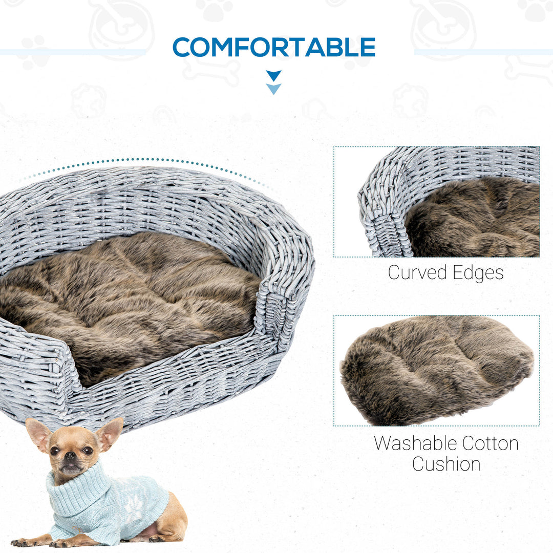 PawHut Willow Pet Sofa: Rattan Basket with Soft Cushion for Cats & Small Dogs, Durable Design, 57Lx46Wx17.5H cm, Grey | Aosom UK