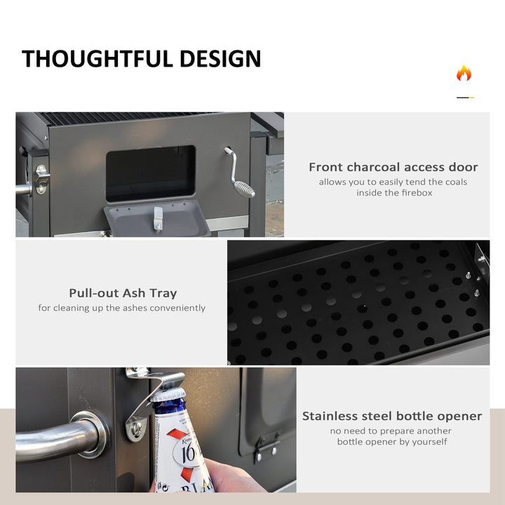 MCL Charcoal Grill BBQ Trolley with Adjustable Charcoal Grate, Garden Metal Smoker Barbecue with Shelf, Side Table, Wheels, Built-in Thermometer, Bottle Opener