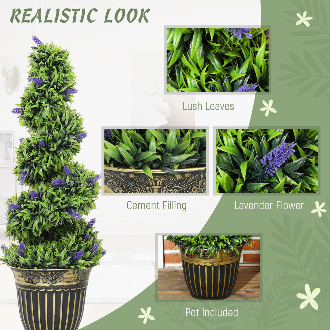Set of 2 Decorative Artificial Plants, Boxwood Spiral Topiary Tree with Lavender and Pot, Fake Plants for Home Indoor Outdoor Decor, 90cm