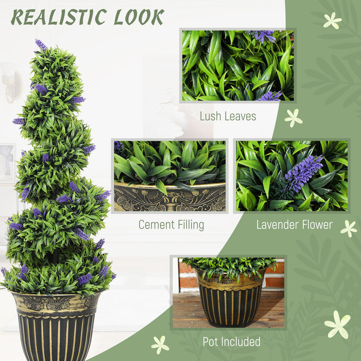 Set of 2 Decorative Artificial Plants, Boxwood Spiral Topiary Tree with Lavender and Pot, Fake Plants for Home Indoor Outdoor Decor, 90cm