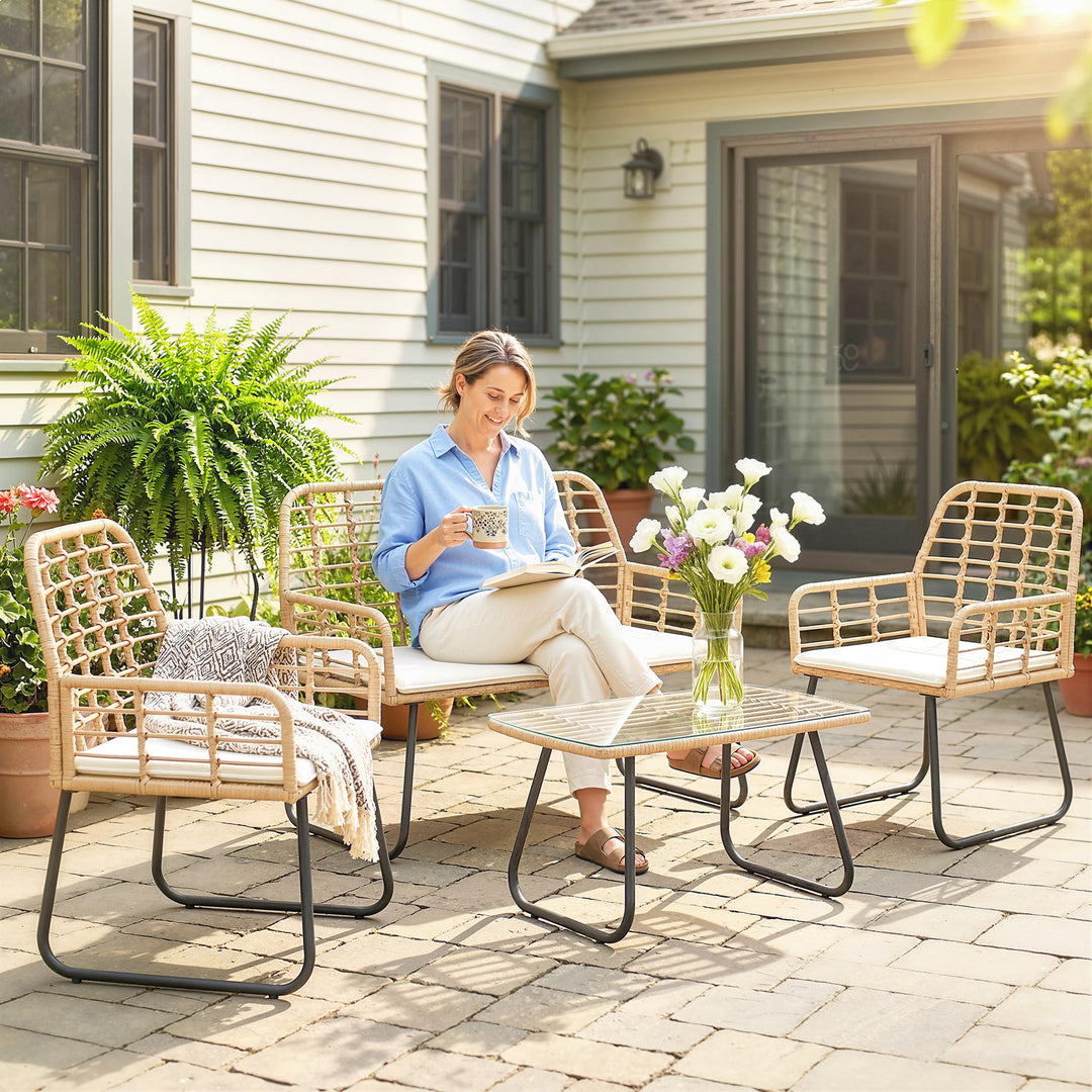 4 Piece Rattan Garden Furniture Set, Outdoor Patio Furniture with Love