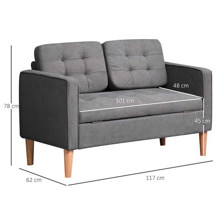 HOMCOM Modern 2 Seater Sofa with Hidden Storage, 117cm Tufted Cotton Couch, Compact Loveseat Sofa with Wood Legs, Grey