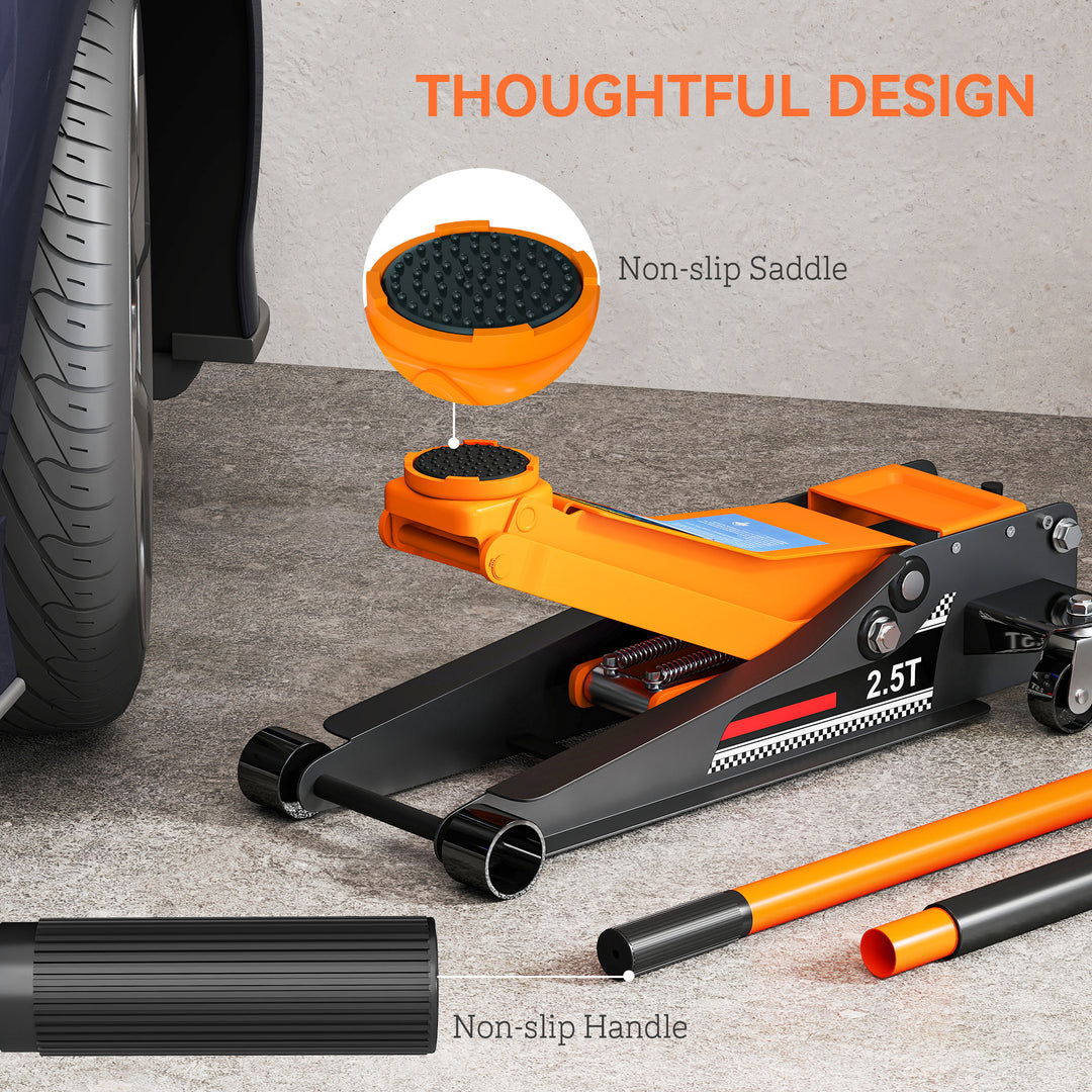 2.5 Ton Hydraulic Low-Profile Floor Jack, with 7.5-47cm Lifting Range, Wheels, Orange