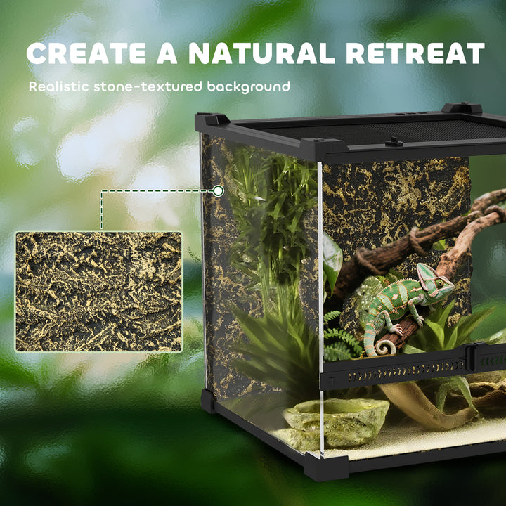 Reptile Glass Terrarium with Stone Background, Front Ventilation, Escape-Proof Knob Lock, 30 x 30 x 30 cm, Black