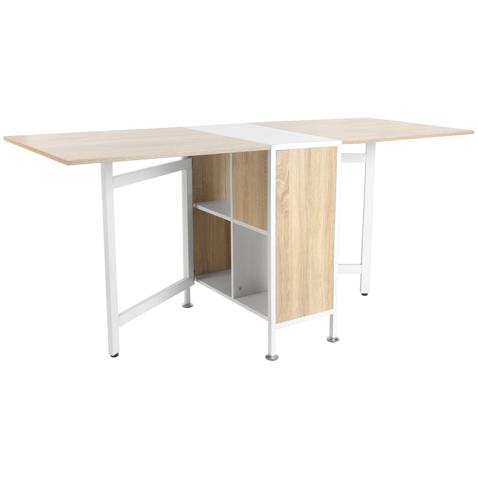 Foldable Drop Leaf Dining Table Folding Workstation for Small Space with Storage Shelves Cubes Oak & White