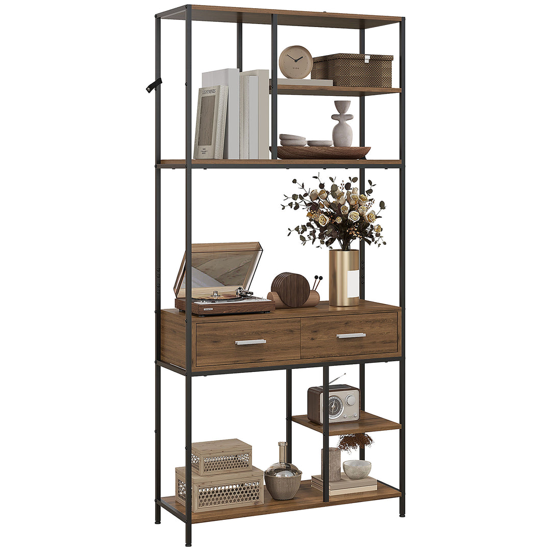 Seven-Shelf Industrial Display Shelf, with Drawers - Brown/Black