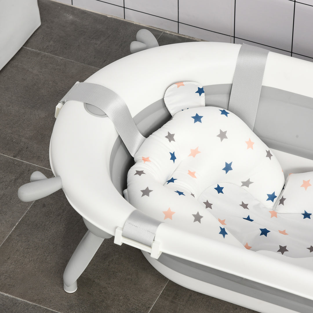 Foldable Baby Bathtub Set, Collapsible Bath Tub with Thermostatic Water Plug, Non-Slip Support, Cushion Pad, Drain Plugs, for Newborn to 3 Years - Offwhite