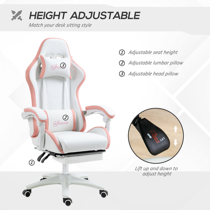 Computer Gaming Chair, PU Leather Office Desk Chair with Footrest, Swivel Wheels, 135° Reclining Back, Lumbar Support, Headrest for Home, White and Pink