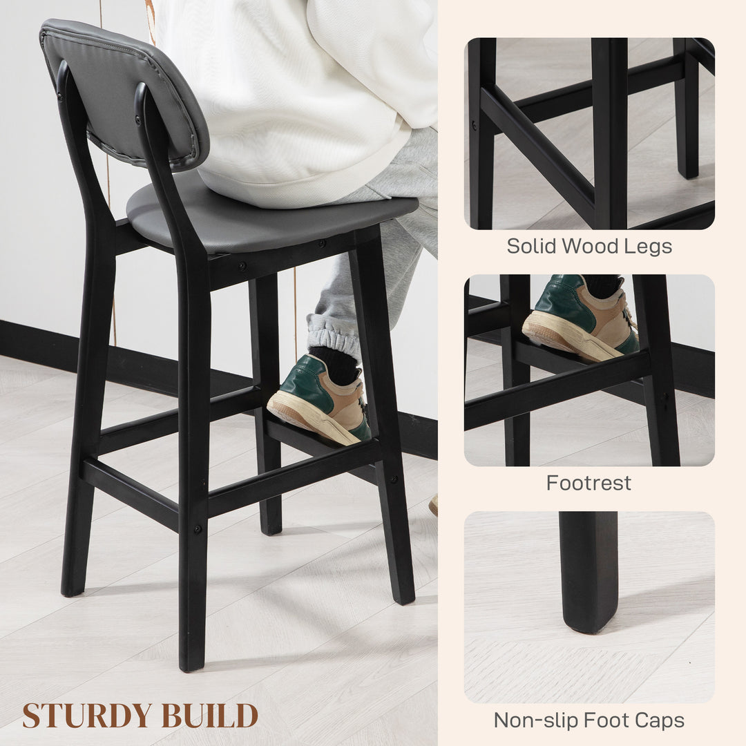 Bar Stools Set of 2, Breakfast Bar Chairs, PU Leather Upholstered Kitchen Stools with Backs, Footrests and Solid Wood Legs, Dark Grey