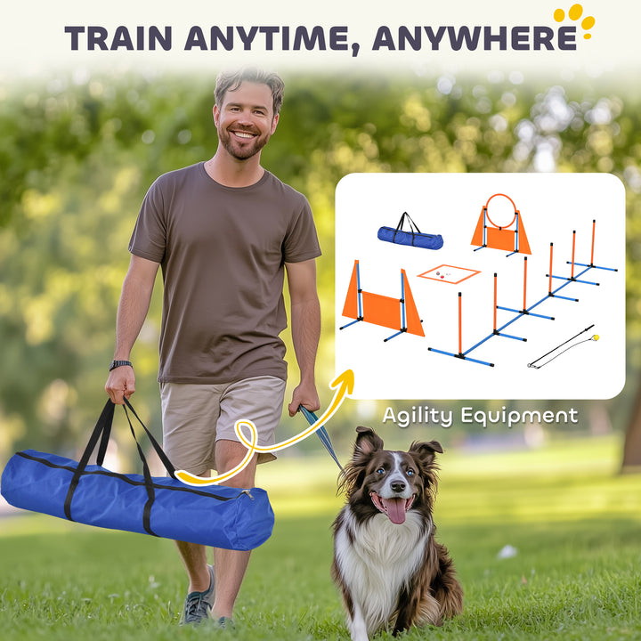Seven-Piece Dog Agility Equipment Set with Weave Poles, Jump Ring, Hurdle, Pause Box, Carry Bag, Orange