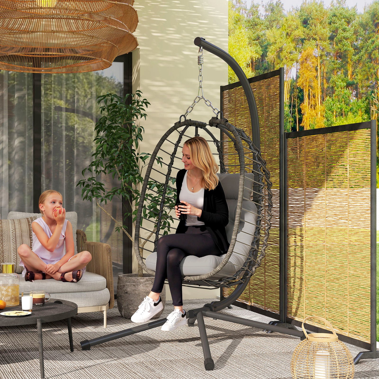 Rattan Hanging Egg Chair, Foldable Wicker Hammock Swing Chair with Cushion, Stand, Adjustable Height, Head Pillow, Steel Frame for Garden Patio Indoor Outdoor, Light Grey