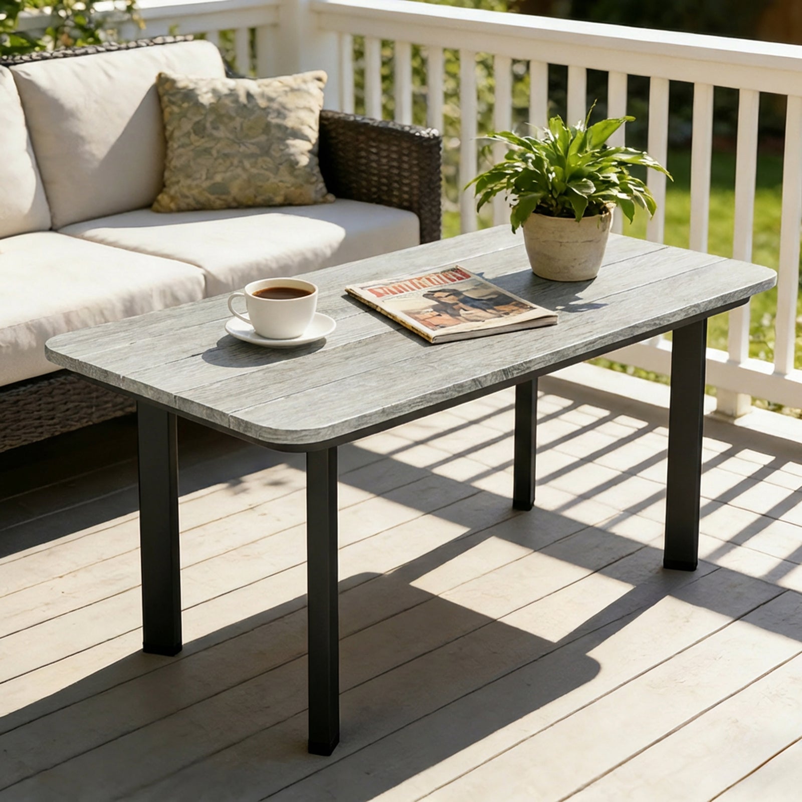 Outdoor Garden Coffee Table, Garden Table with Slatted Wood Plastic Co
