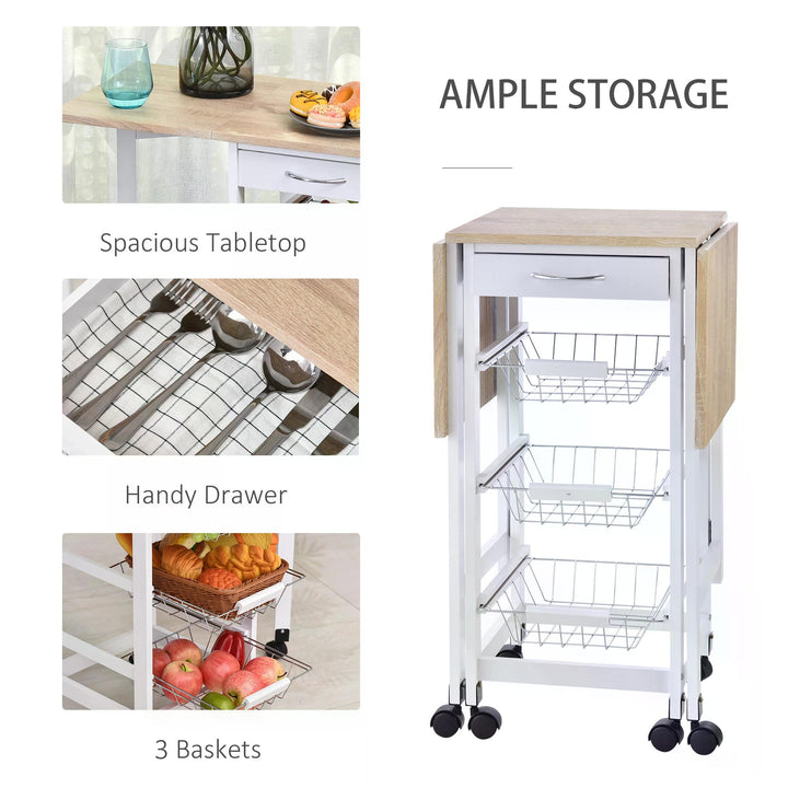 HOMCOM Drop-Leaf Kitchen Trolley w/ 3 Baskets Drawer Surface Top 6 Wheels Rolling Storage Unit Kitchen Home Dining Cart White Oak Tone | Aosom UK