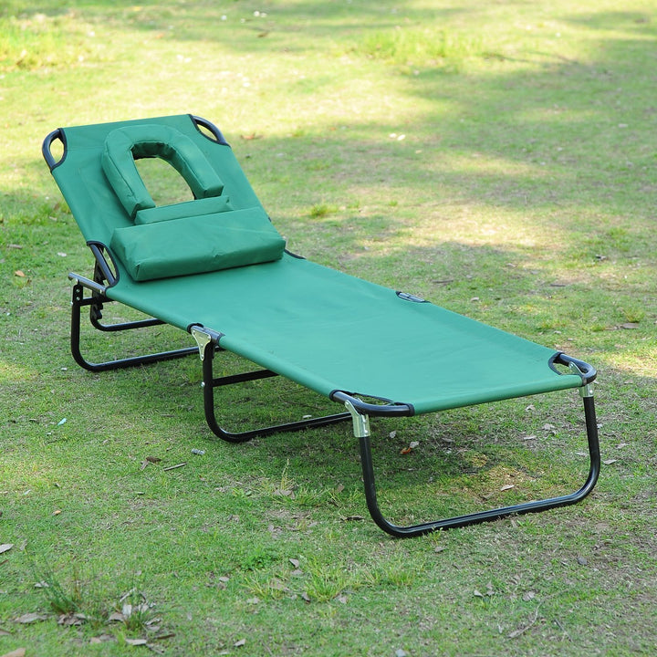 Outsunny Foldable Outdoor Sun Lounger Adjustable Backrest Reclining Chair with Pillow and Reading Hole Garden Beach, Dark Green