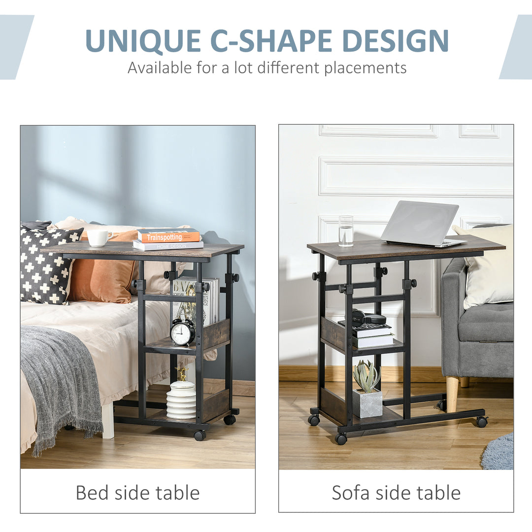 C-Shaped Side Table Industrial Mobile Rolling End Desk with 3-Tier Storage Shelving, Adjustable Height, Wheels