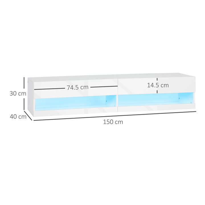 Floating TV Unit, Wall Mounted TV Cabinet for TVs up to 65", High Gloss Media Wall Unit with LED Lights, Storage Shelves for Living Entertainment Room, White