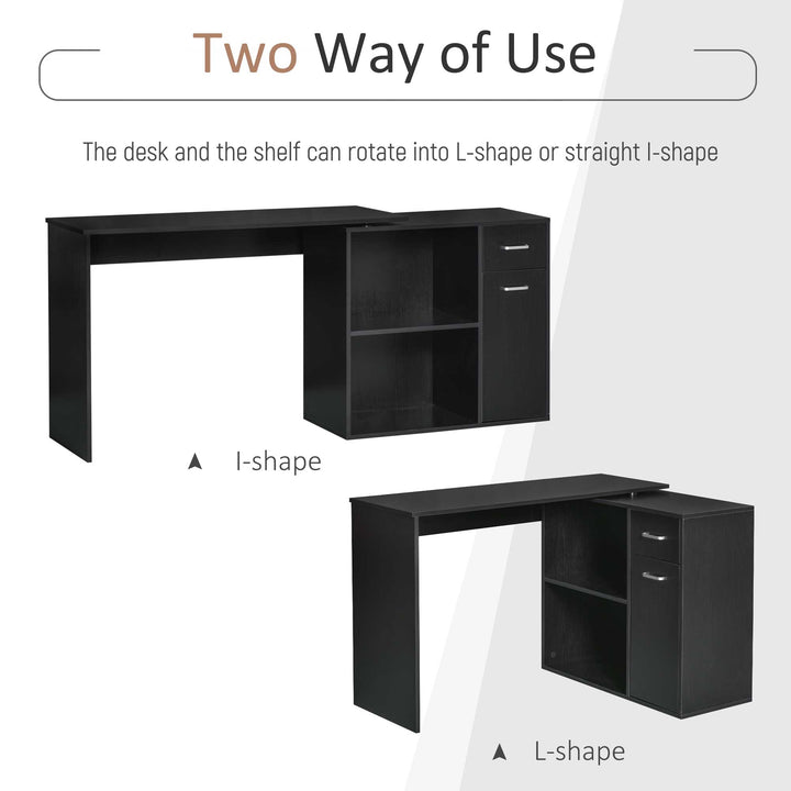 L-Shaped Desk, Corner Computer Desk, Adjustable Study Table with Storage Shelf, Drawer and Cabinet, Workstation for Home Office, Black Wood Grain