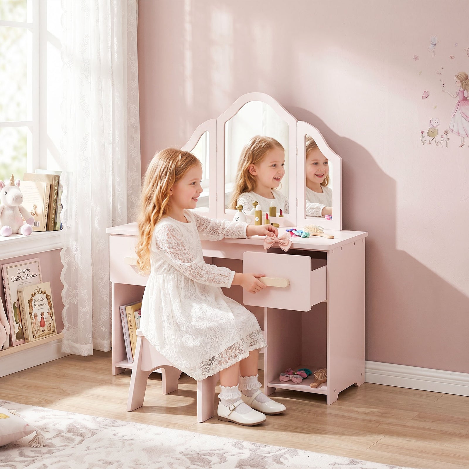Kids Dressing Table, Kids Vanity Table and Chair Set with Tri-Folding 