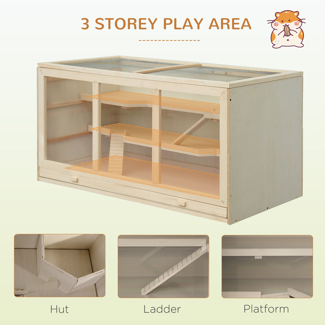 Wooden Hamster Cage, Small Animals Hutch with Tray, Openable Top, Exercise Play House Pen, 115L x 57W x 55Hcm, Natural