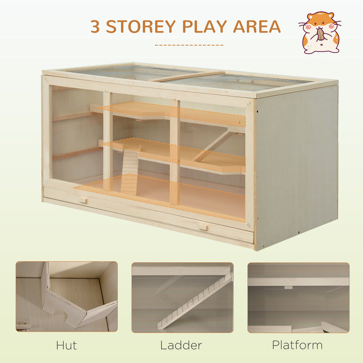 Wooden Hamster Cage, Small Animals Hutch with Tray, Openable Top, Exercise Play House Pen, 115L x 57W x 55Hcm, Natural