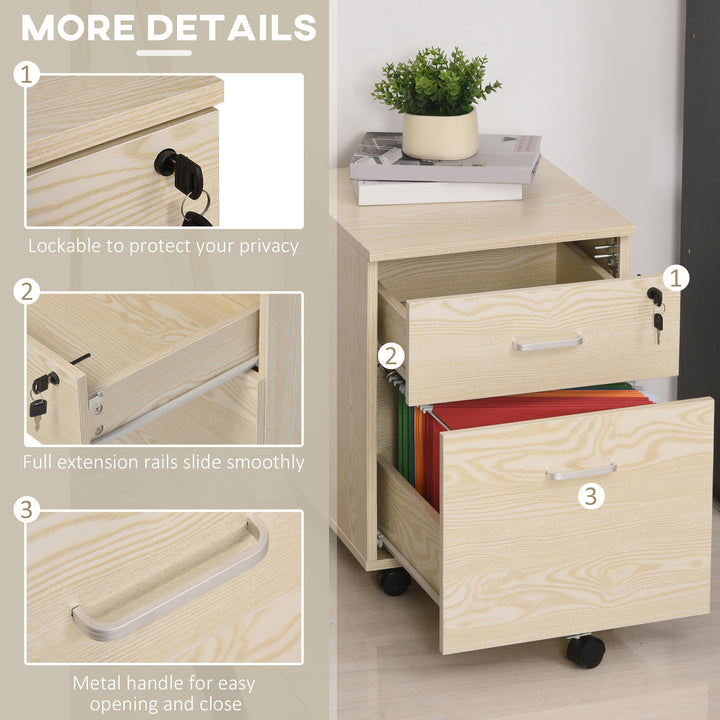 2-Drawer Locking Office Filing Cabinet w/ 5 Wheels Rolling Storage Hanging A4 Cupboard Home Organisation, Oak Wood Grain