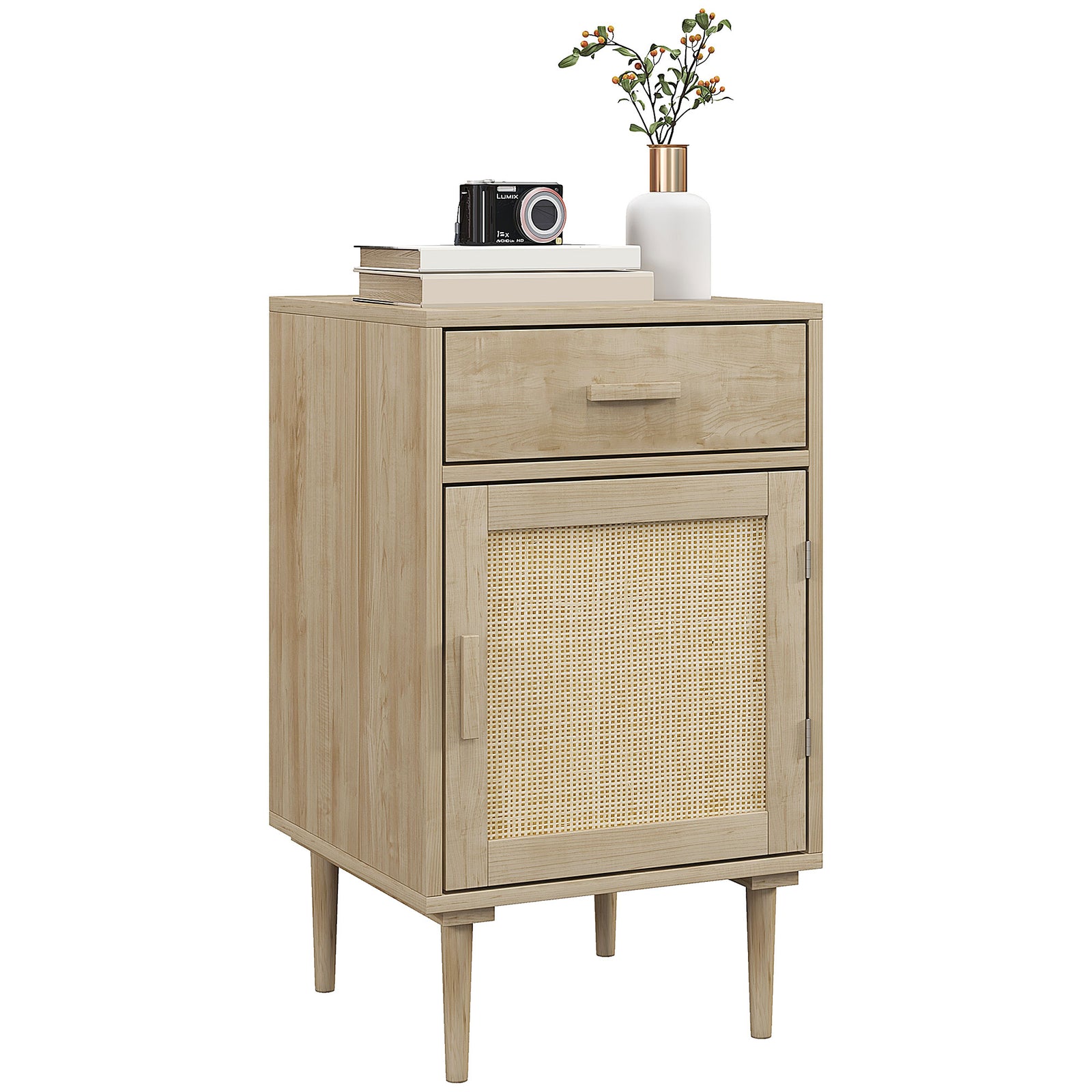 Bedside Table, Rattan Side Tables with Drawer, Cabinet and Adjustable Shelf, Boho Bedside Cabinet with Storage for Bedroom, Living Room, Natural Wood Effect