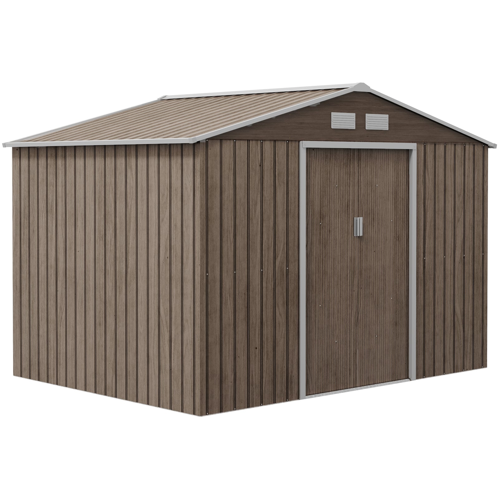 9 x 6ft Steel Garden Shed, Outdoor Storage Tool House with Vents, Foundation and Lockable Double Doors, Brown