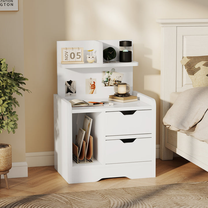Bedside Table with 2 Drawers and Open Shelves - High Gloss White