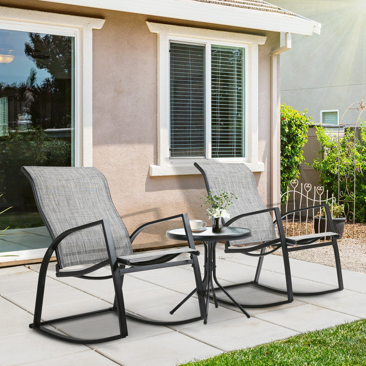 Outsunny Outdoor Patio Bistro Set with 2 Rocking Chairs & Tempered Glass Table, Ideal for Garden, Porch, Poolside, Grey