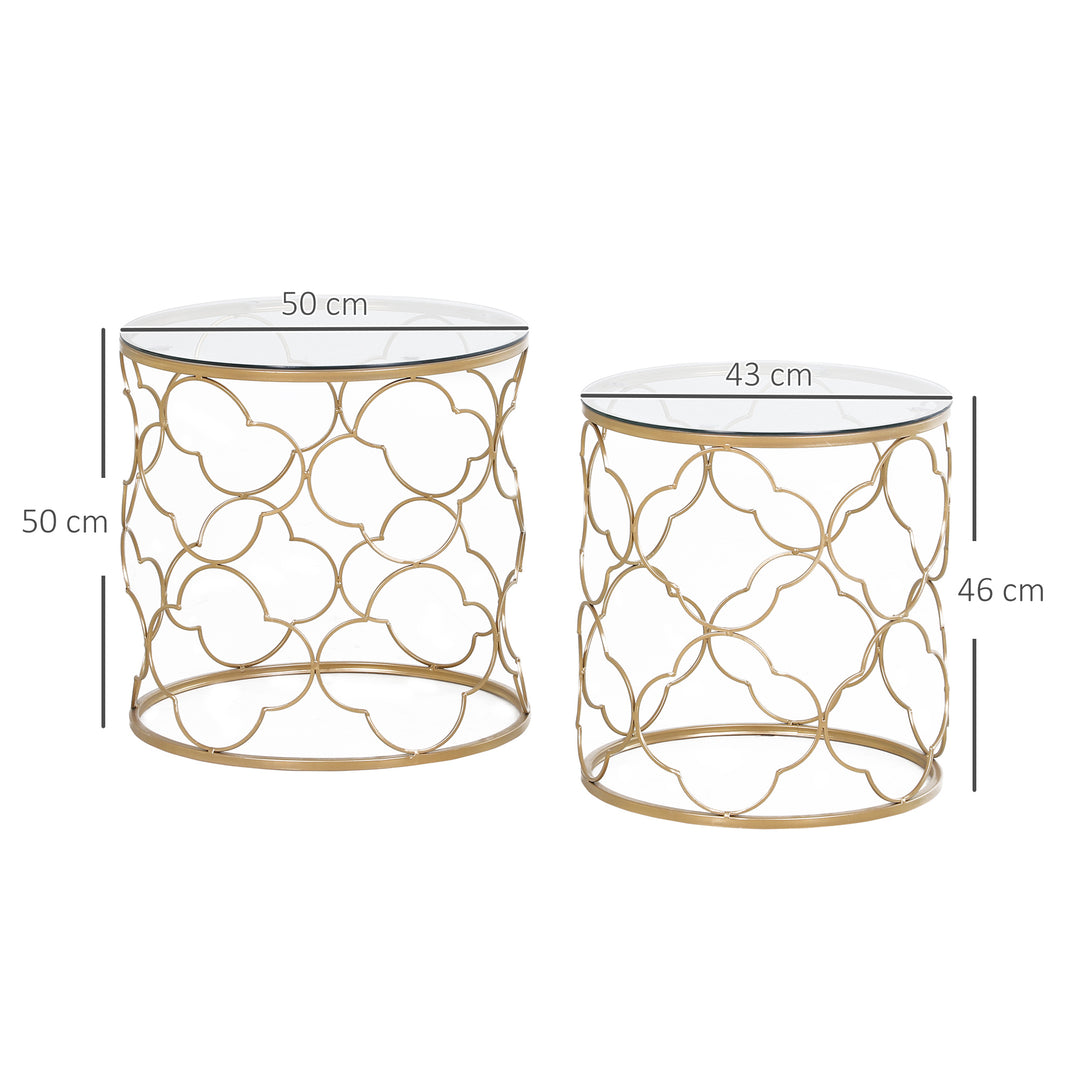 Nesting Tables Set of 2, Modern Stacking Side End Table with Tempered Glass Top, Metal Frame for Living Room Bedroom Office, Gold Tone