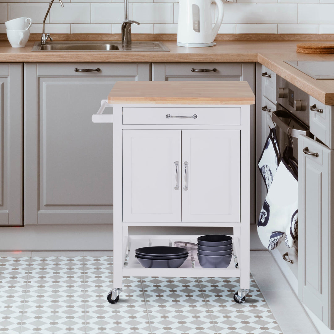 Kitchen Storage Trolley Cart Rolling Wheels Shelves Cupboard W/ Drawer And Towel Rail Rubber Wood Worktop White