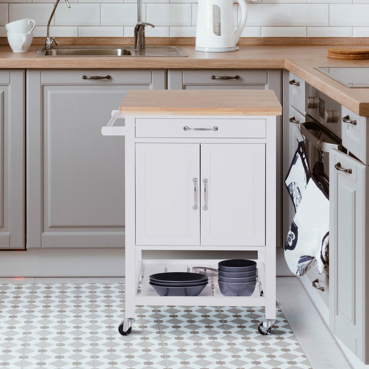 Kitchen Storage Trolley Cart Rolling Wheels Shelves Cupboard W/ Drawer And Towel Rail Rubber Wood Worktop White