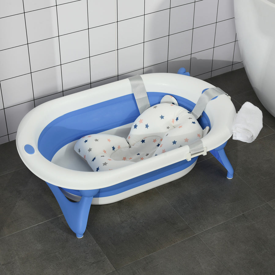Foldable Baby Bathtub Set, Collapsible Bath Tub with Thermostatic Water Plug, Non-Slip Support, Cushion Pad, Drain Plugs, for Newborn to 3 Years - Blue