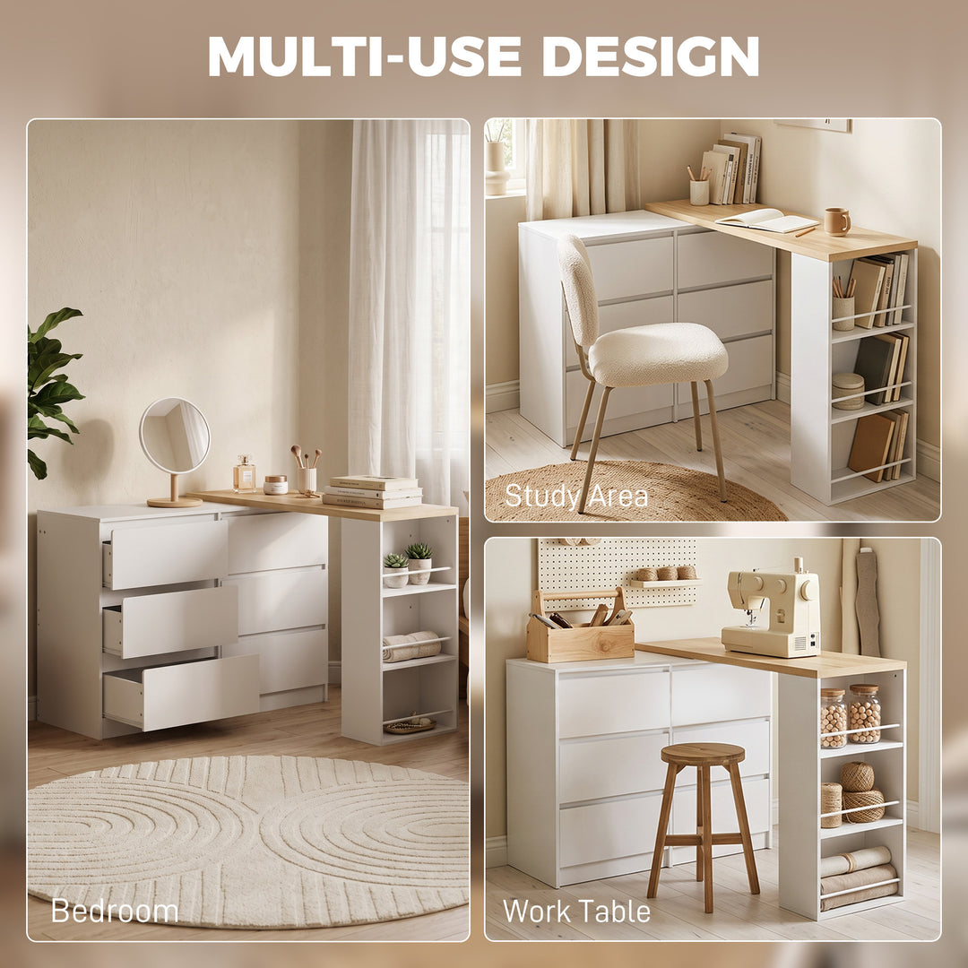 Vanity Table, Dressing Table with 6 Drawers and 3-Tier Shelf for Women
