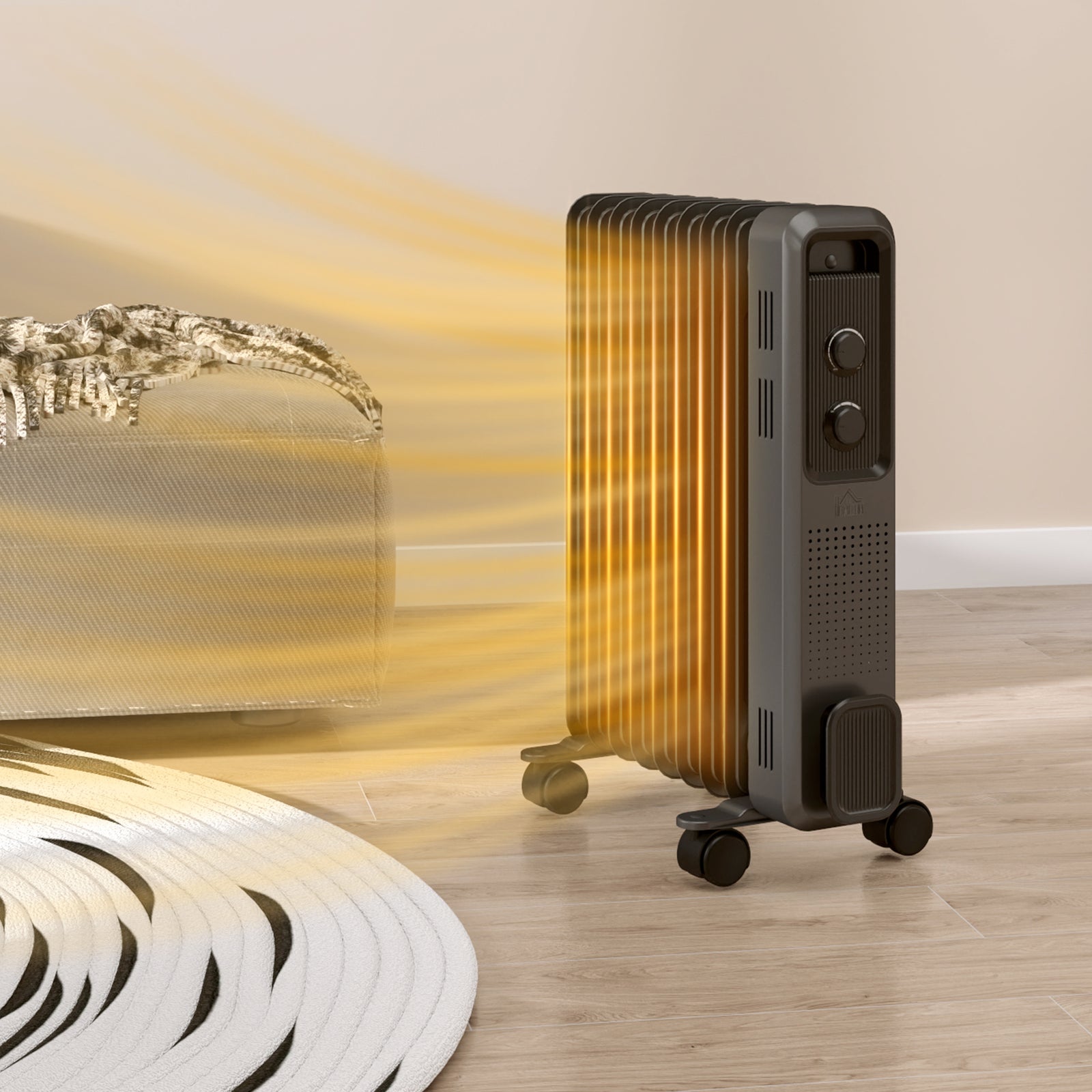 2000W Oil Filled Radiator, 9 Fin, Portable Electric Heater with 3 Heat Settings, Safety Cut-Off and Wheels, Grey