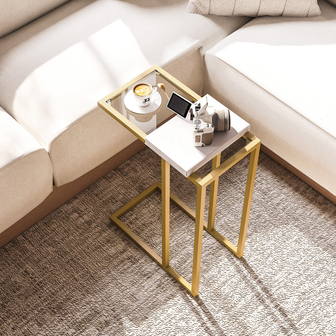 C-Shaped Side Table, Modern Slim End Table with Tempered Glass Tabletop, Steel Frame for Small Space, Living Room, Bedroom, Gold Tone