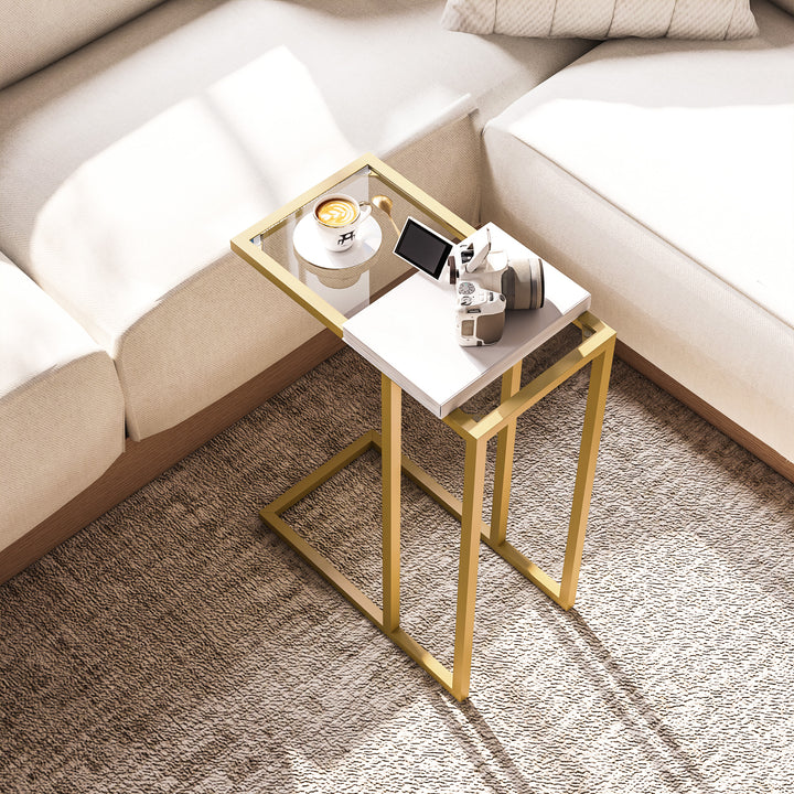 C-Shaped Side Table, Modern Slim End Table with Tempered Glass Tabletop, Steel Frame for Small Space, Living Room, Bedroom, Gold Tone