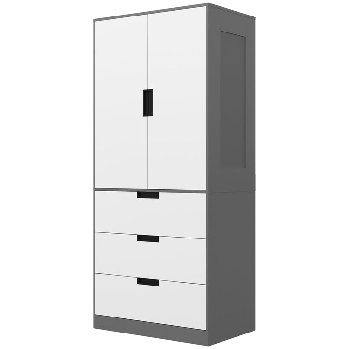 HOMCOM Wardrobe with 2 Doors, Modern Closet with 3 Drawers, Hanging Rod, Bedroom Storage, Grey