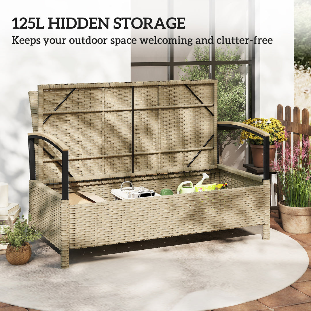 125L Garden Storage Bench, 2 Seater PE Rattan Outdoor Bench Storage Bo